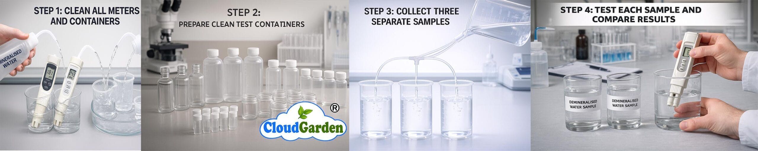 Step by step process to test demineralised water including cleaning meters collecting samples and testing results