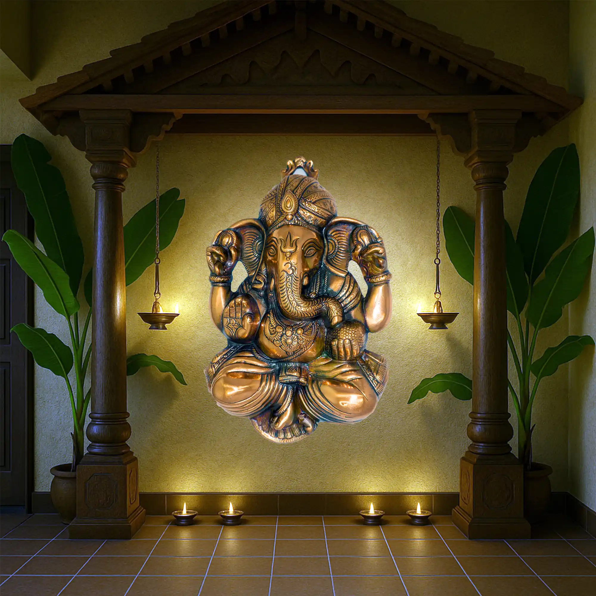 Ganesha aluminium metal wall decor mounted in pooja room entrance