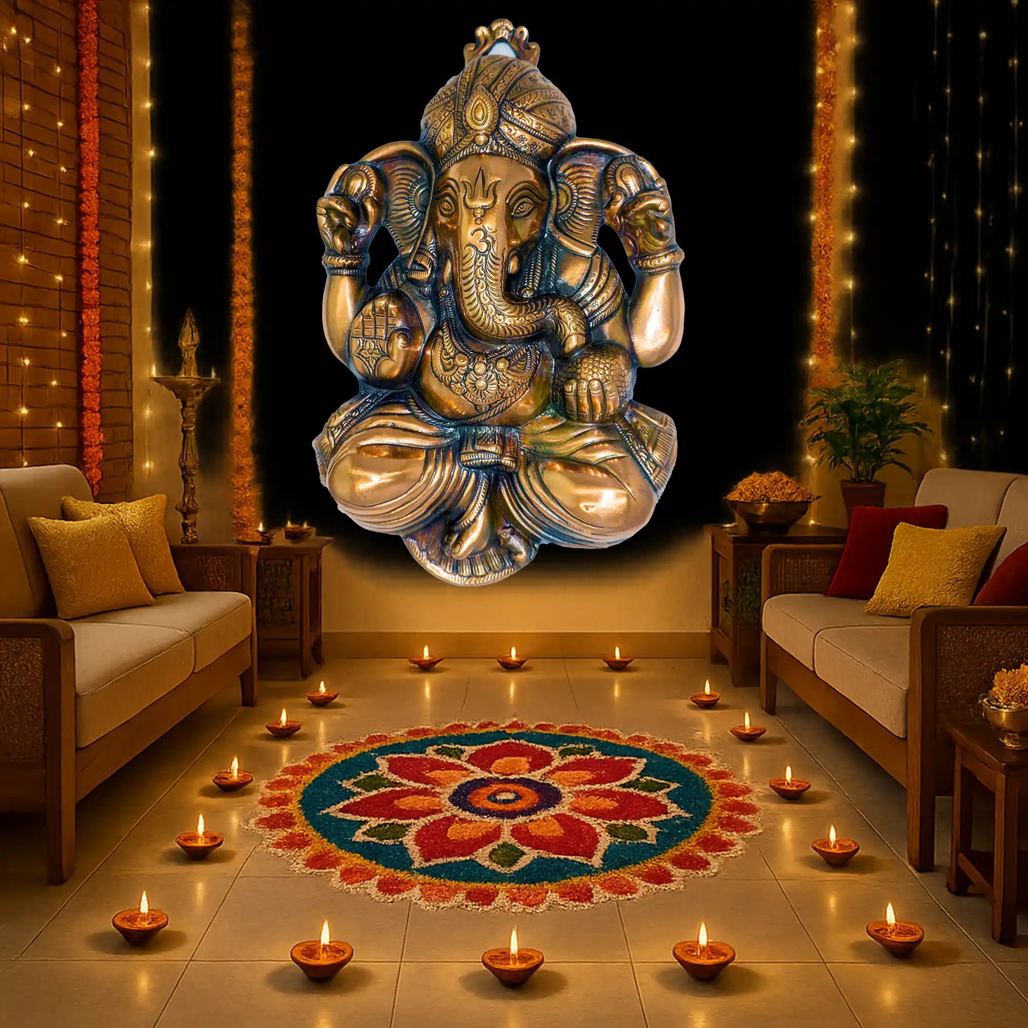 Ganesha aluminium metal wall decor copper oxidised finish close-up detailing