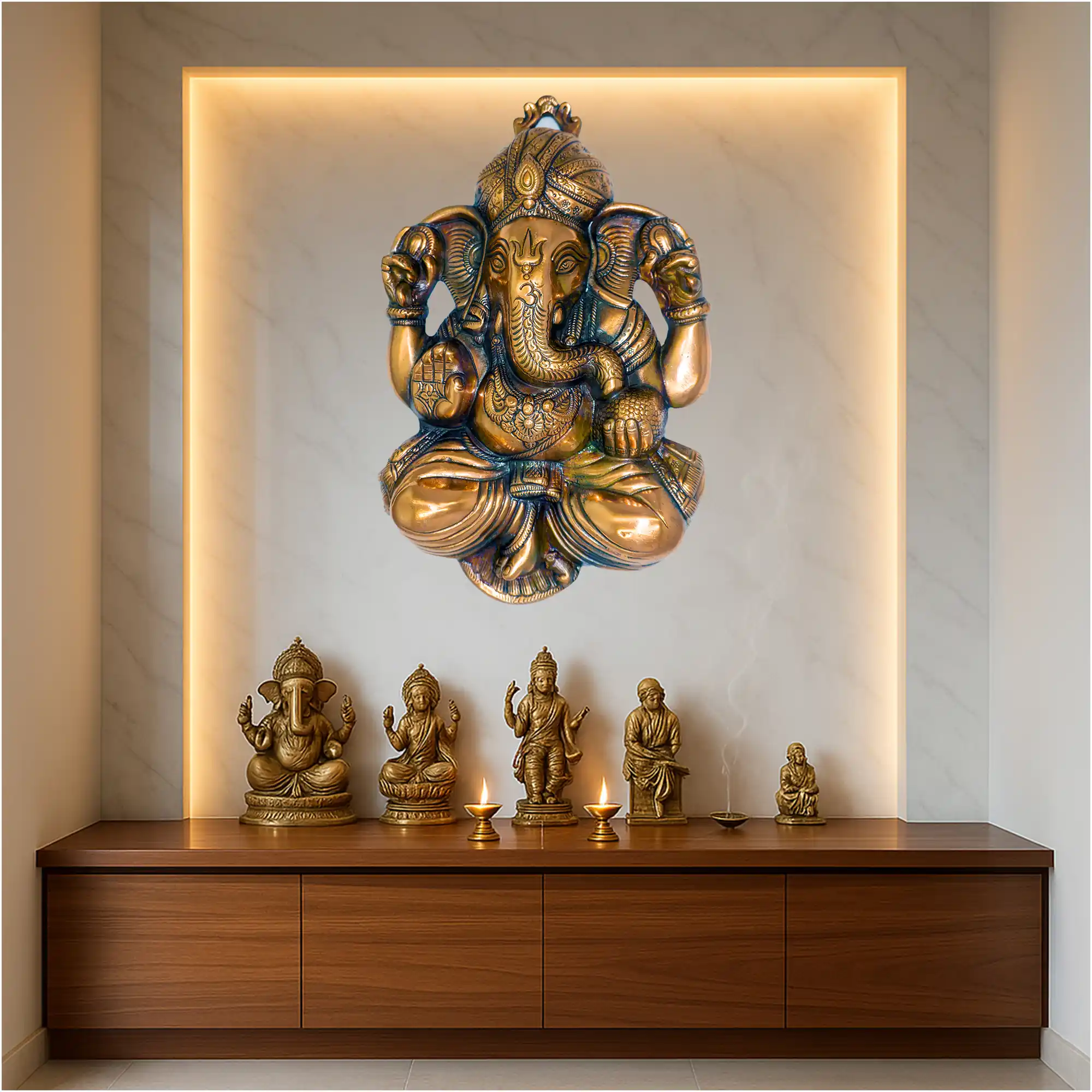 Ganesha aluminium metal wall decor mounted in modern pooja cabinet niche
