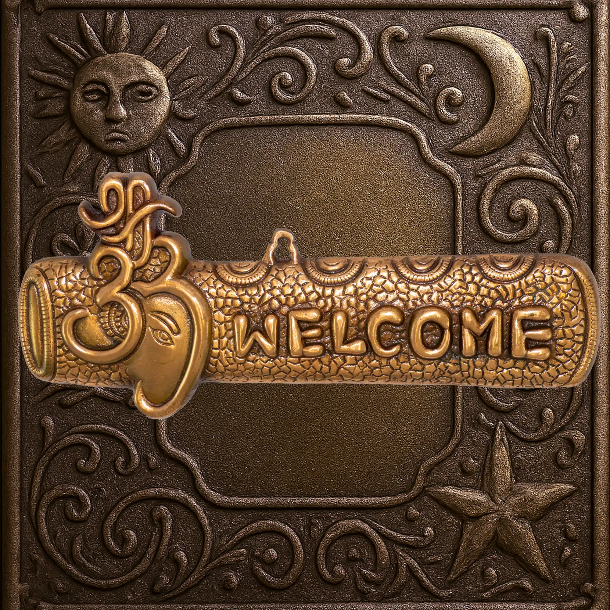 Ganesha metal welcome plate with Om design on decorative antique background