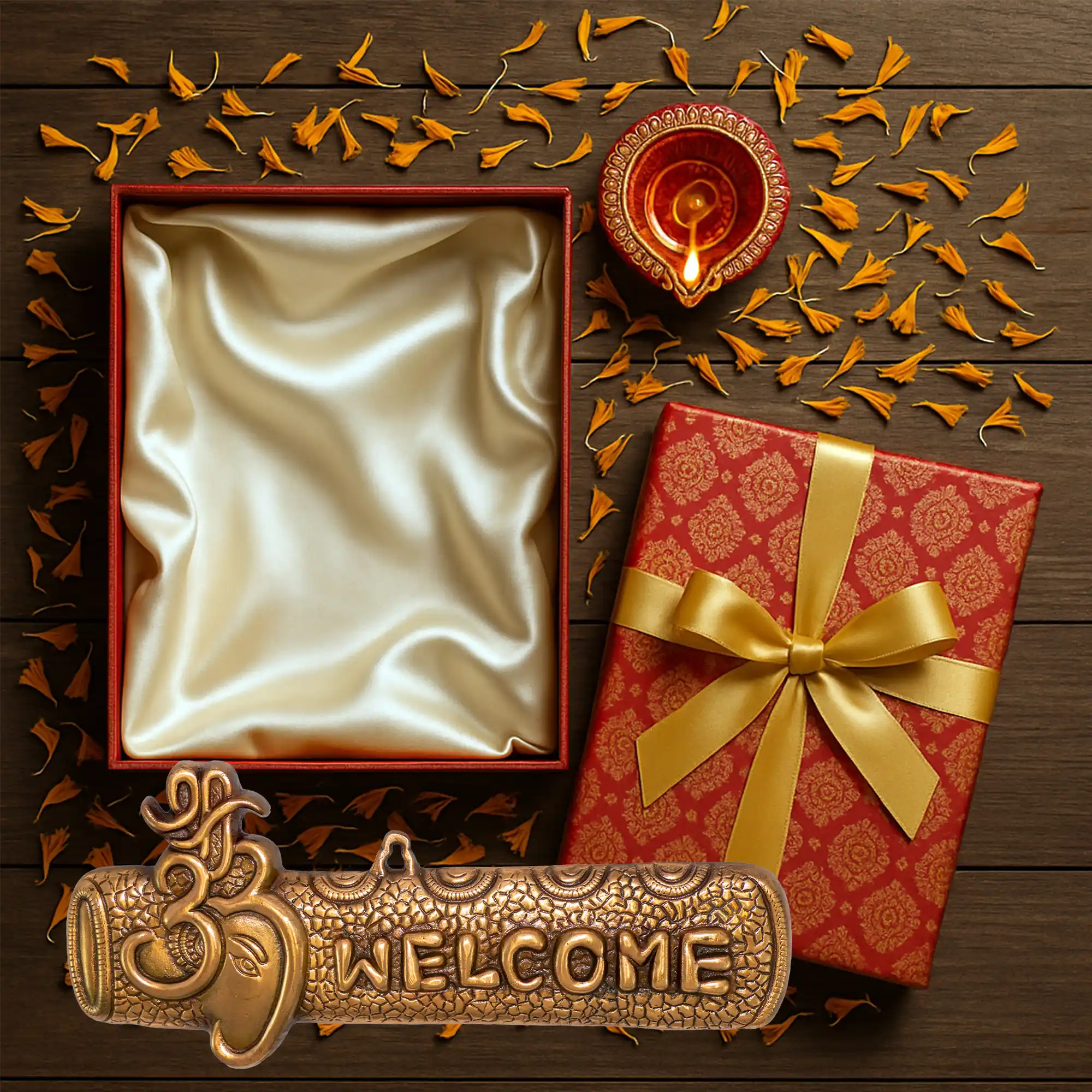 Ganesha metal welcome plate arranged with festive gift box and diya