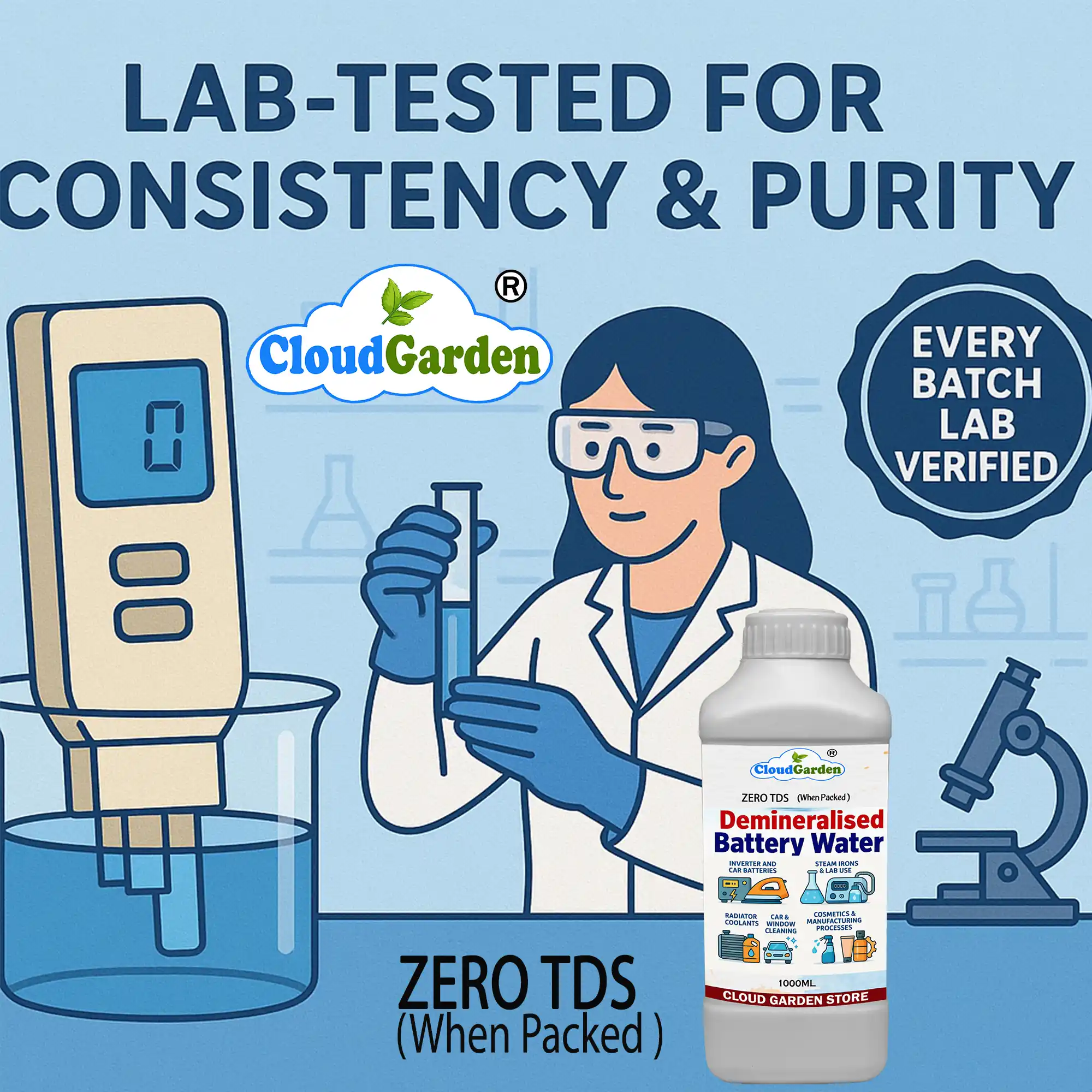 Ultra pure demineralised demineralized water 1 liter lab tested quality