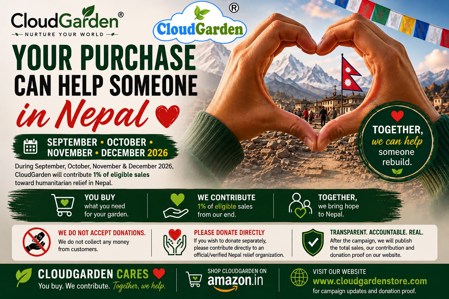 CloudGarden Cares Nepal Relief 2026 – 1% of eligible sales contributed to humanitarian relief in Nepal